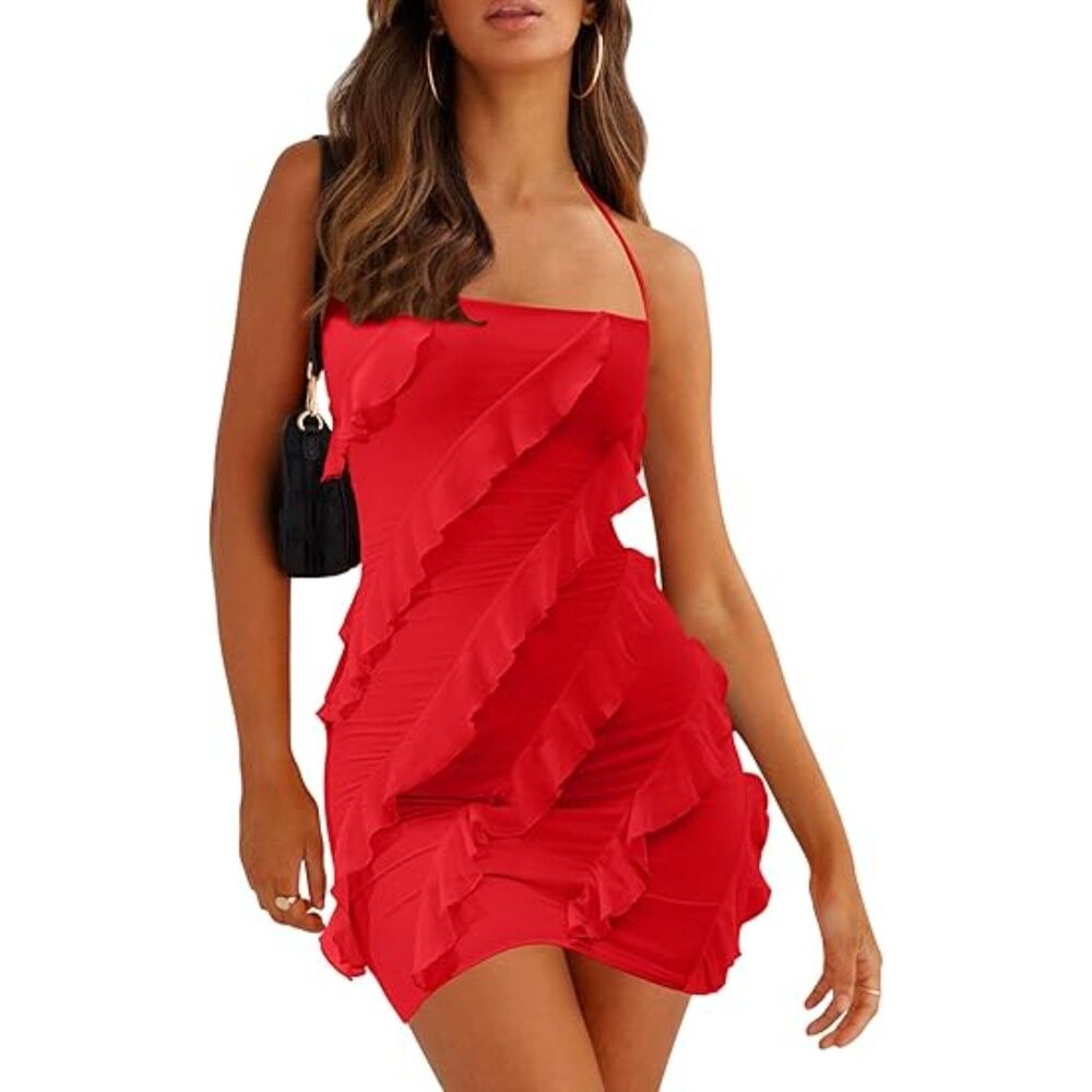 Backless Spaghetti Strap Sheath Bodycon Ruffle Mini Dresses, S, 8G-141D009